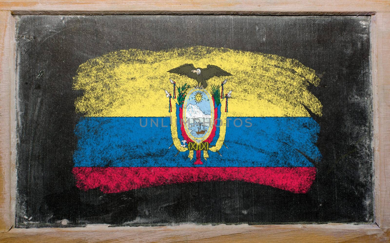 Chalky ecuadorian flag painted with color chalk on old blackboard