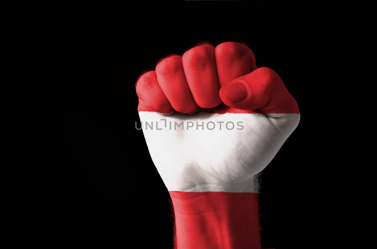 Low key picture of a fist painted in colors of austria flag