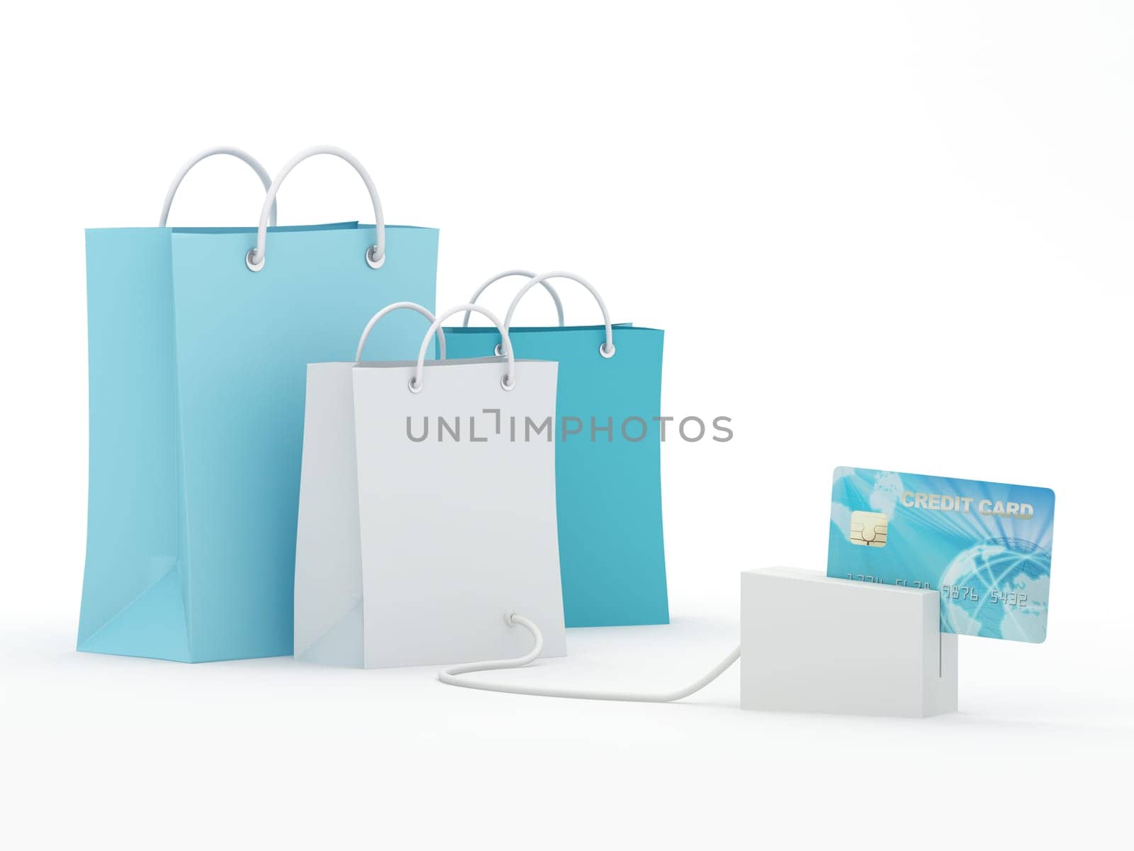 Isolated shopping bags with blue credit card - 3D Render  Note: All Devices design and screen interface graphics of this picture are designed by the contributor him self.