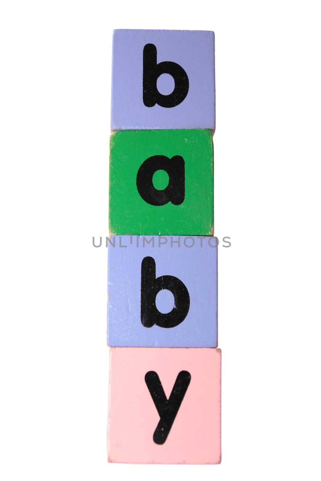assorted childrens toy letter building blocks against a white background that spell baby with clipping path