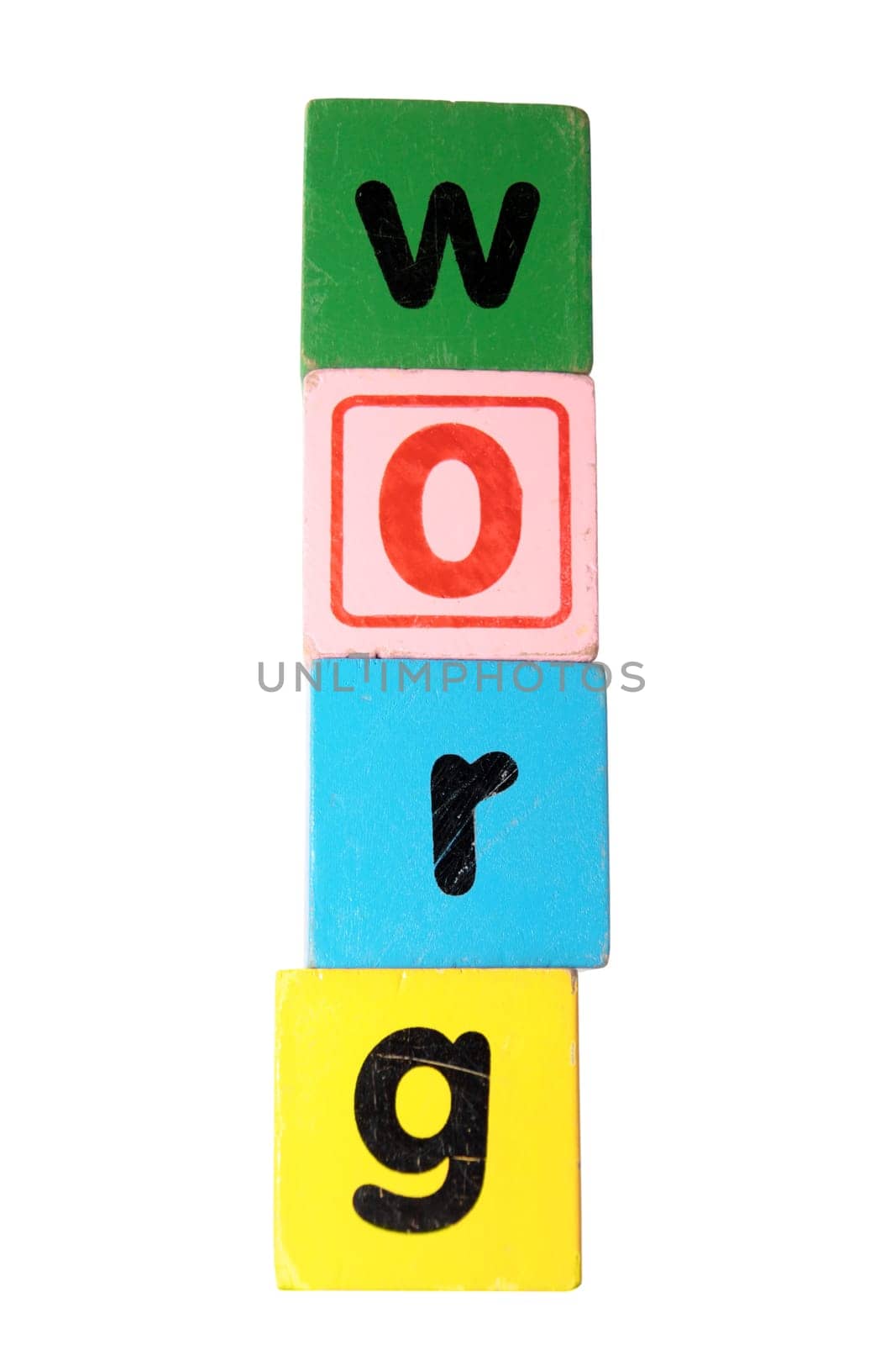 assorted childrens toy letter building blocks against a white background that spell grow with clipping path