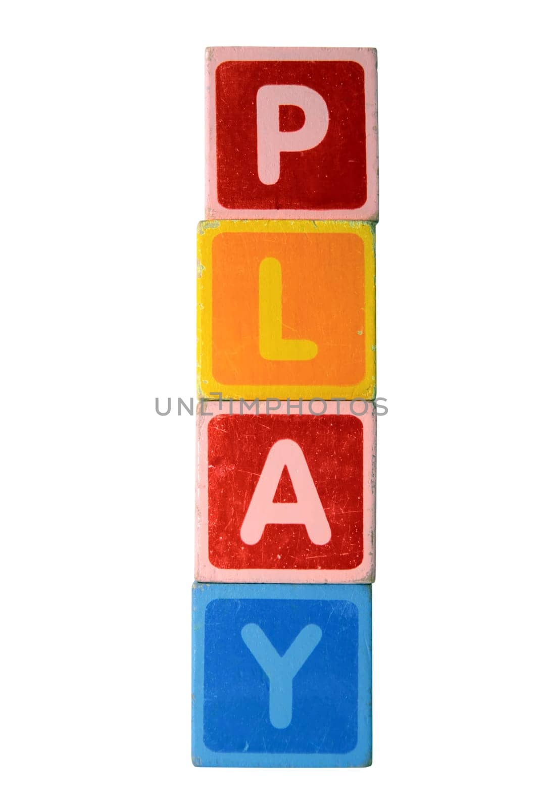assorted childrens toy letter building blocks against a white background that spell play with clipping path