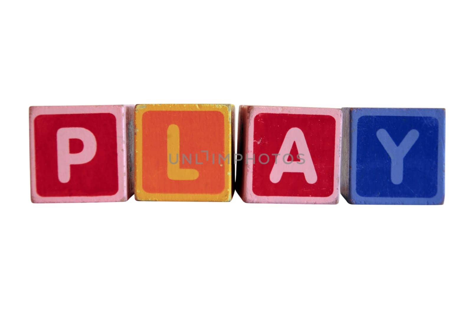 assorted childrens toy letter building blocks against a white background that spell play with clipping path