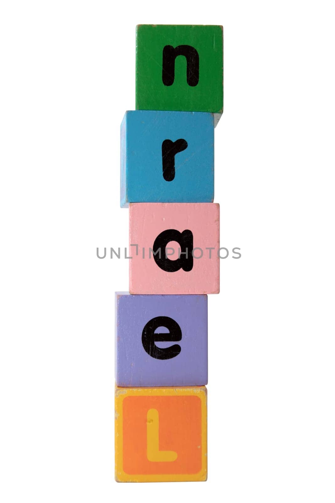 assorted childrens toy letter building blocks against a white background that spell learn with clipping path