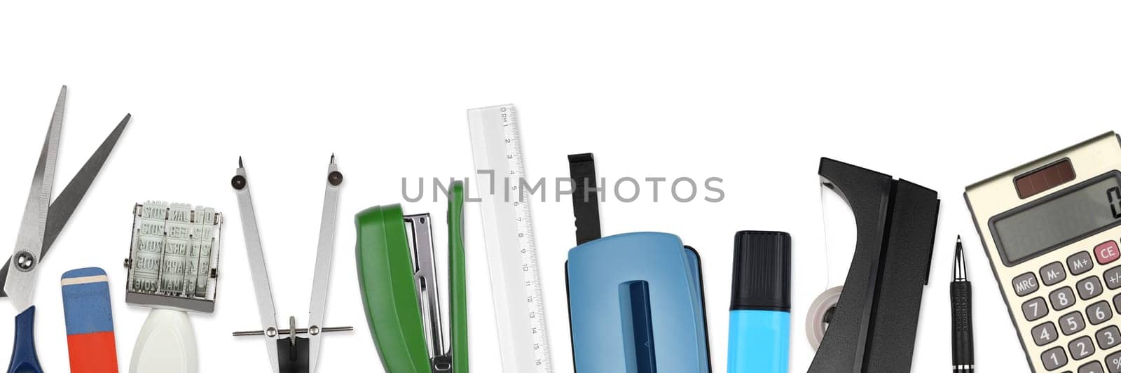 A collage of office supplies on a white background