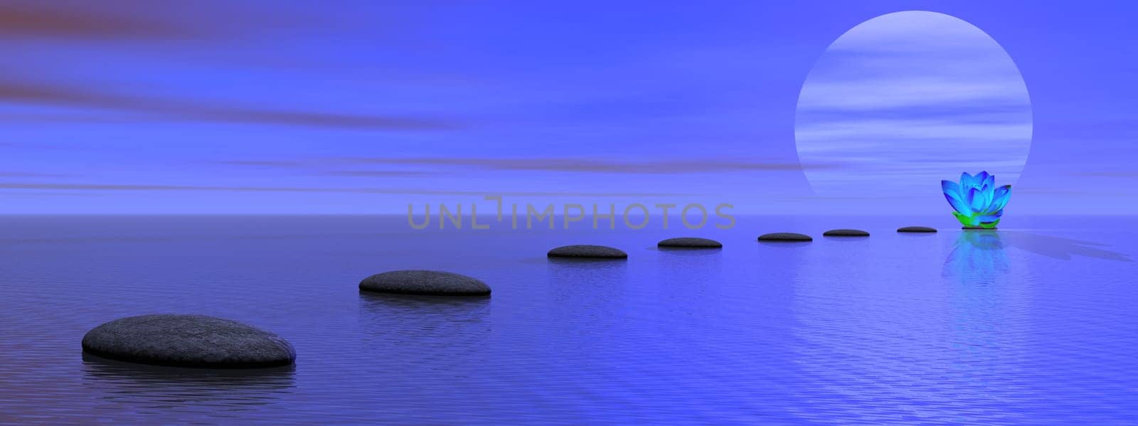 Blue chakra of grey stones steps upon the ocean and going to a lily flower by sunset