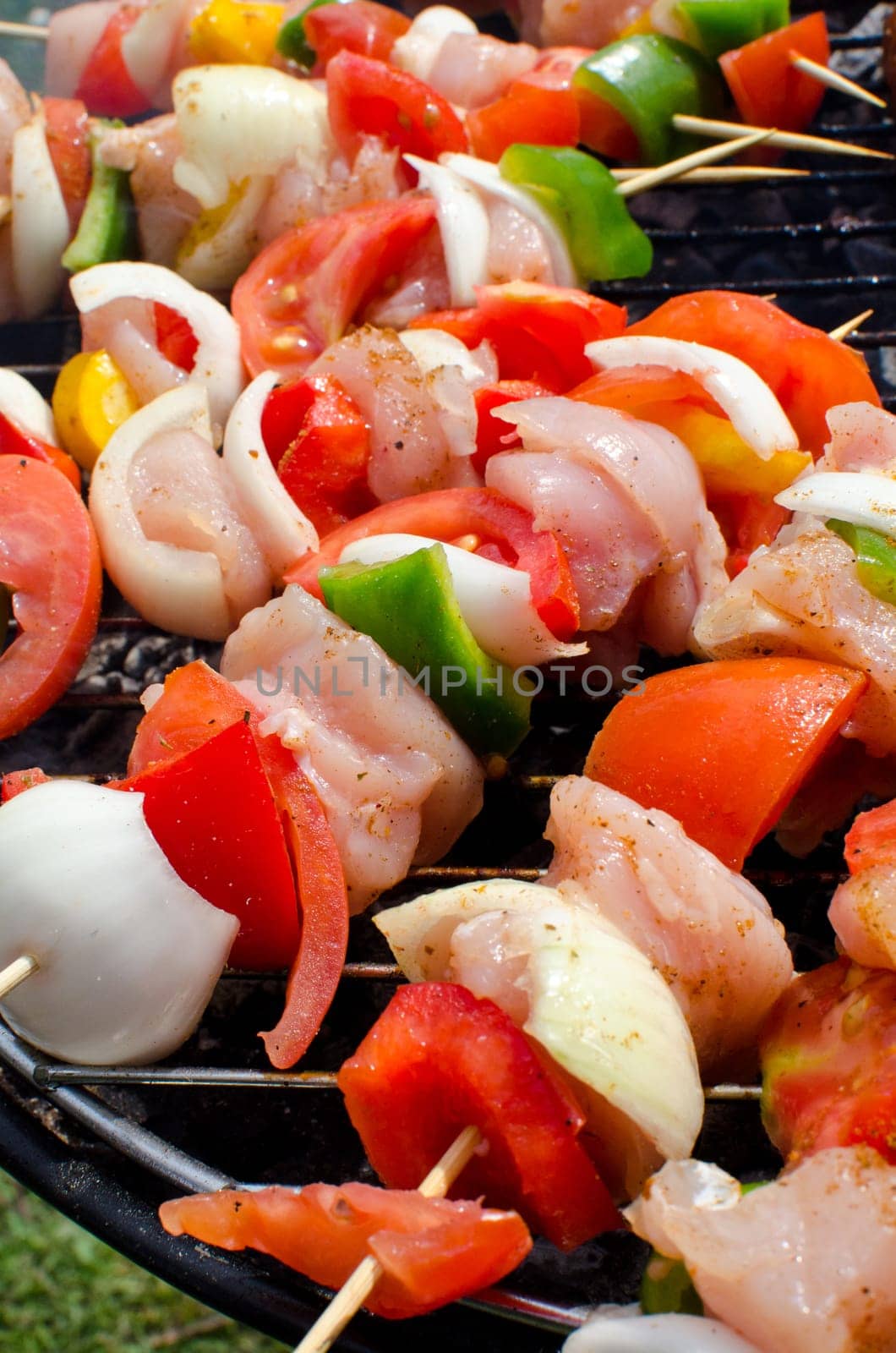 Skewers cooking on barbeque