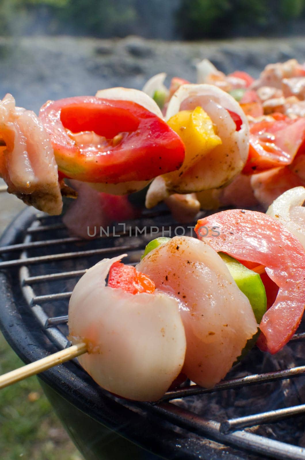 Skewers cooking on barbeque
