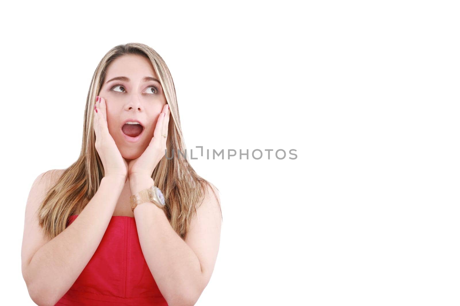 bright picture of surprised woman face over white