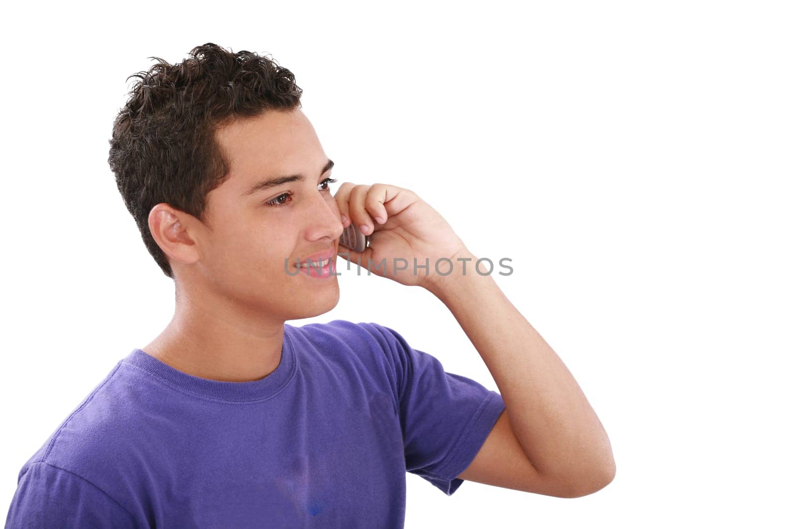 Handsome man portrait talking at the cell phone isolated on white background