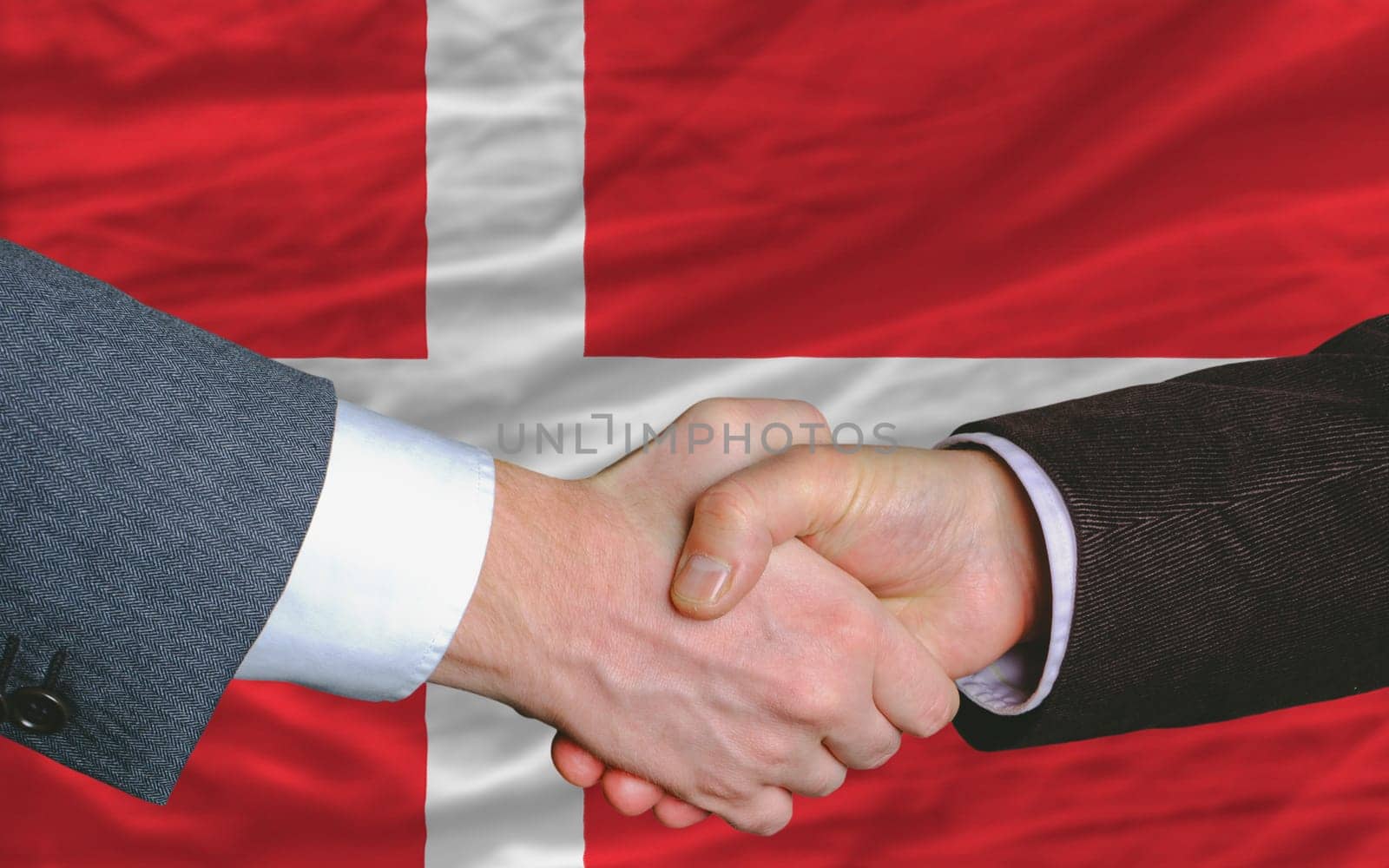 two businessmen shaking hands after good business investment  agreement in denmark, in front of flag