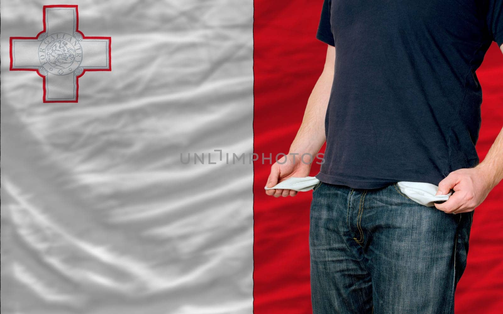 poor man showing empty pockets in front of macedonia flag