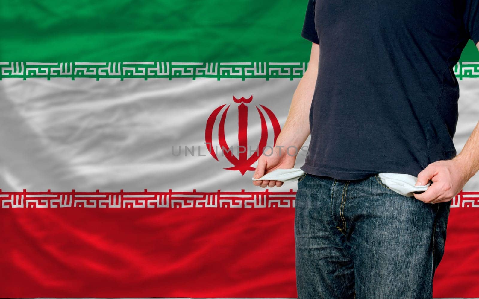 poor man showing empty pockets in front of iran flag