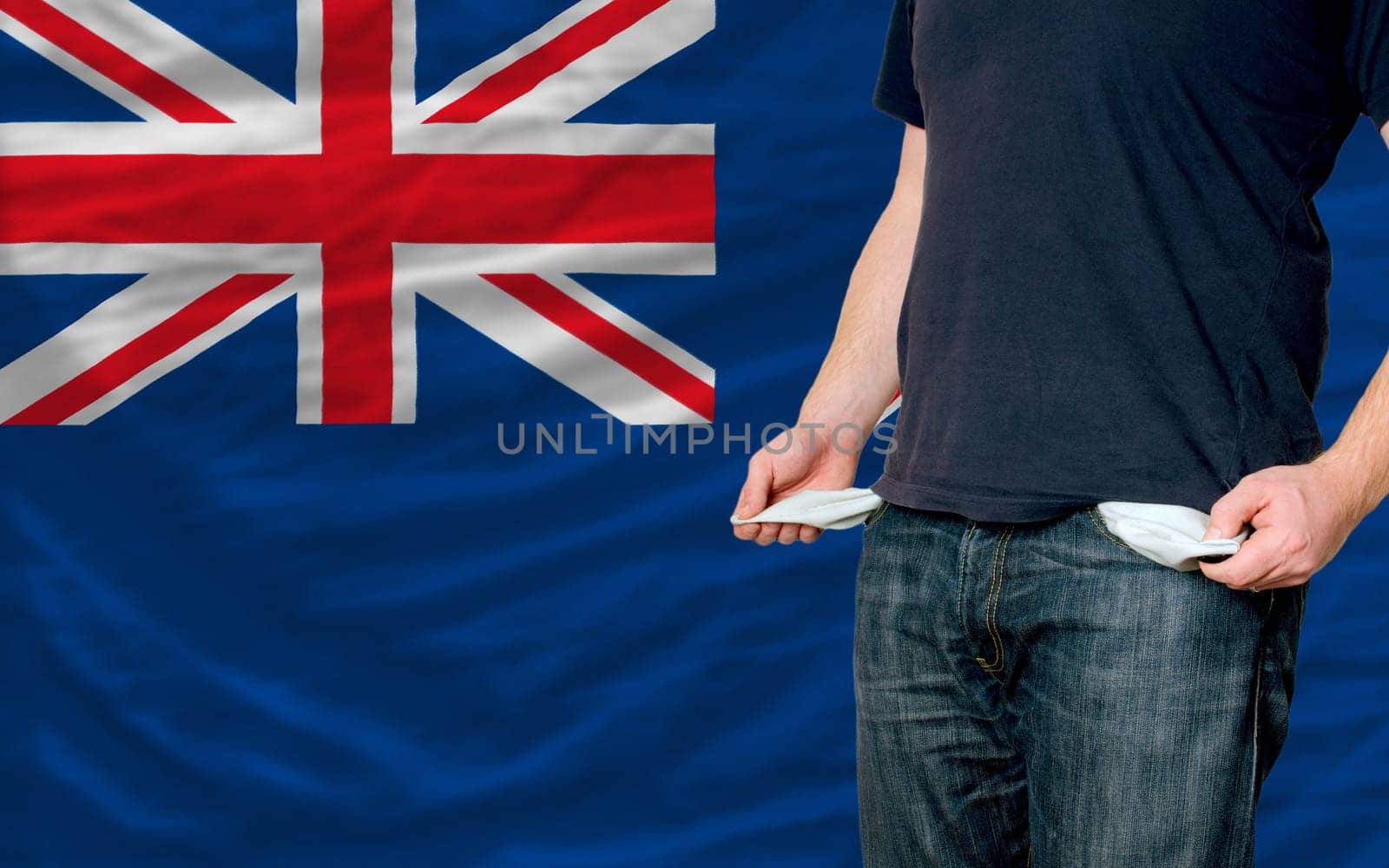 poor man showing empty pockets in front of new zealand flag