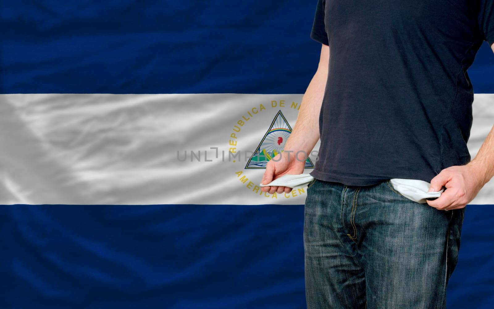 poor man showing empty pockets in front of nicaragua flag
