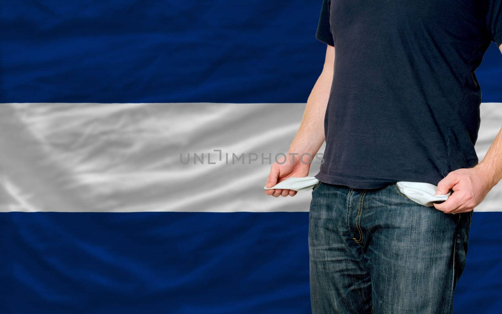 poor man showing empty pockets in front of nicaragua flag