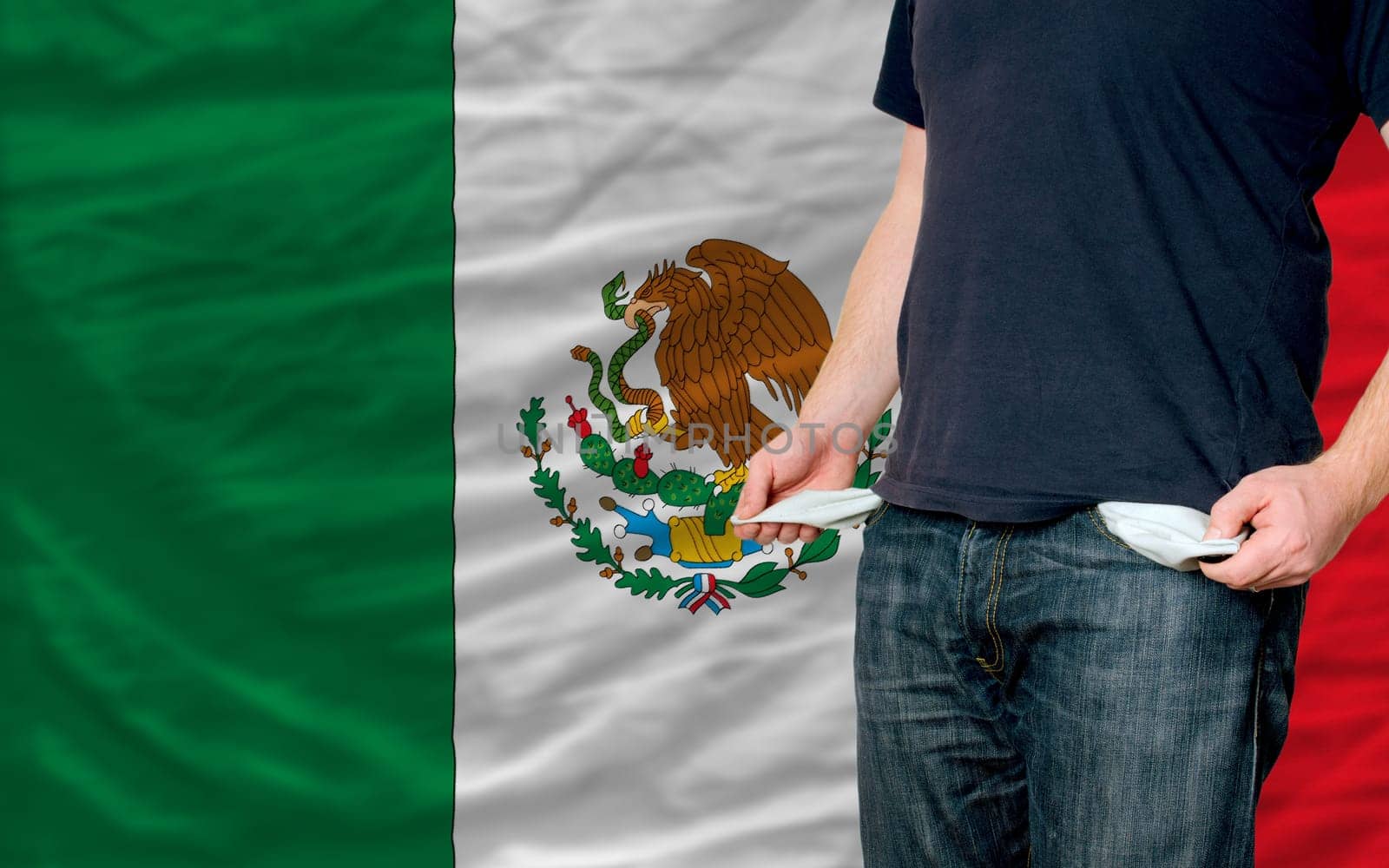poor man showing empty pockets in front of mexico flag