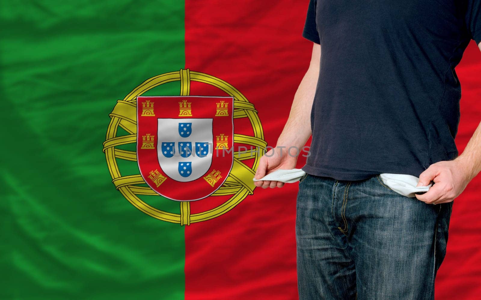 poor man showing empty pockets in front of portugal flag