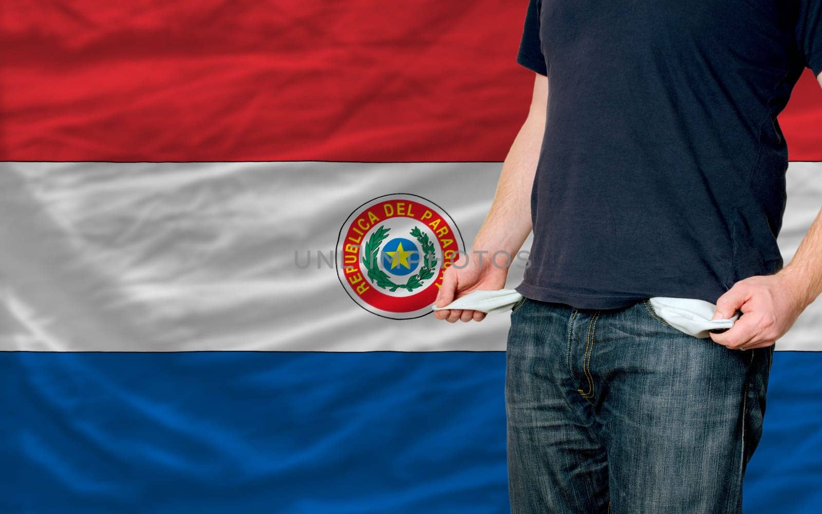 poor man showing empty pockets in front of paraguay flag