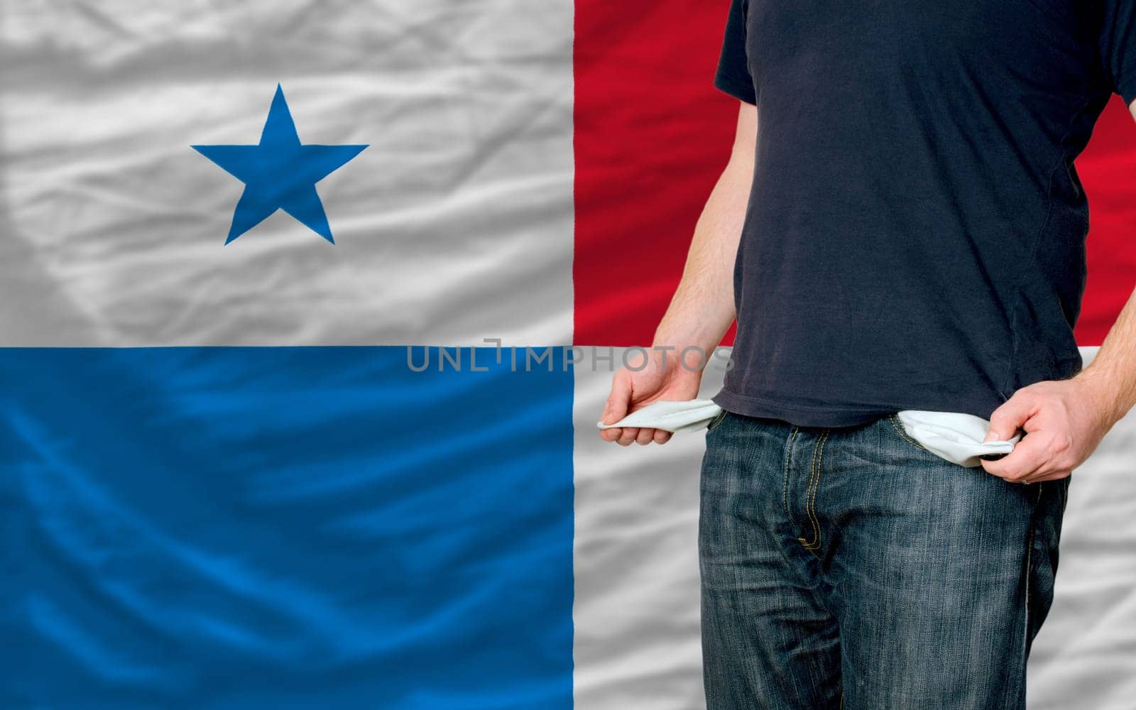 poor man showing empty pockets in front of panama flag