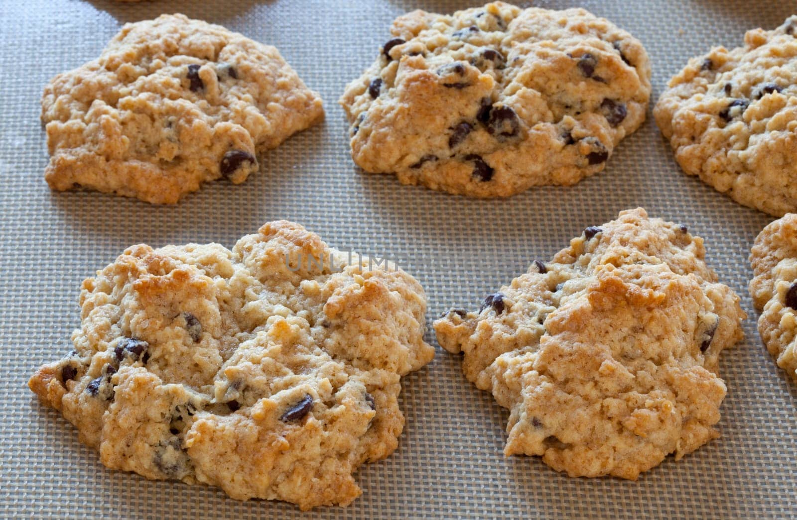Home made chocolate chip cookies fresh from oven on a silicone baking sheet