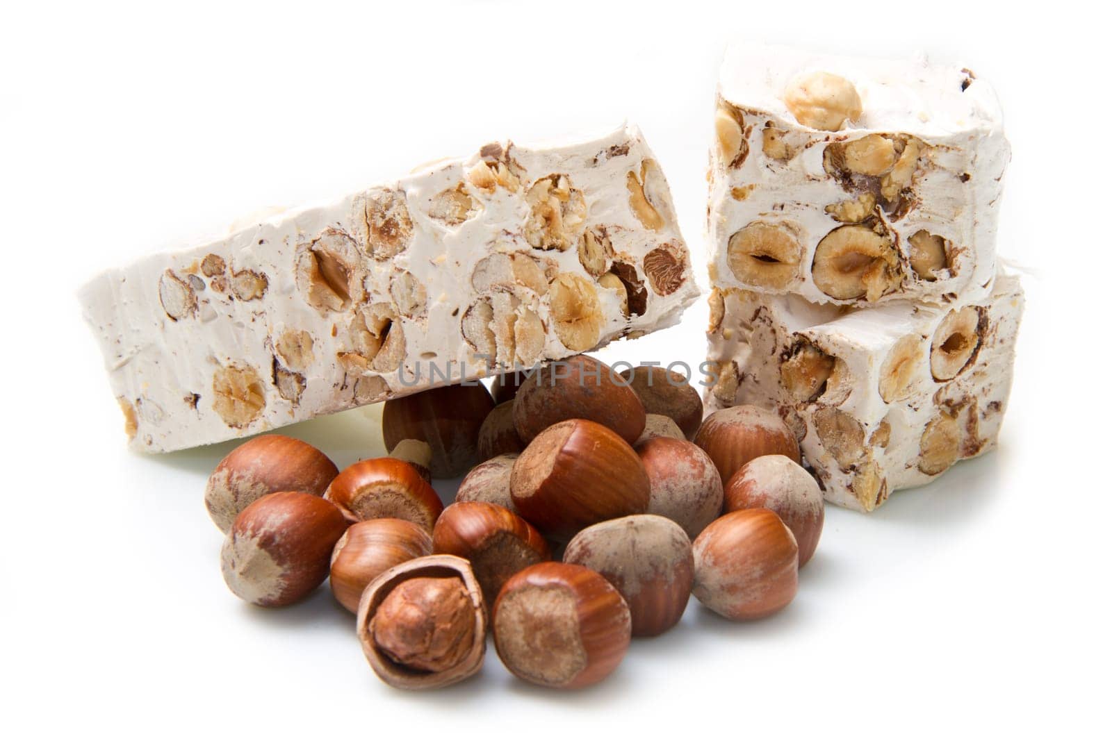 nougat with hazelnut on white background