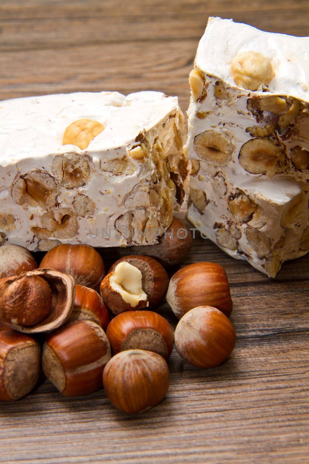 nougat with hazelnut on wooden table