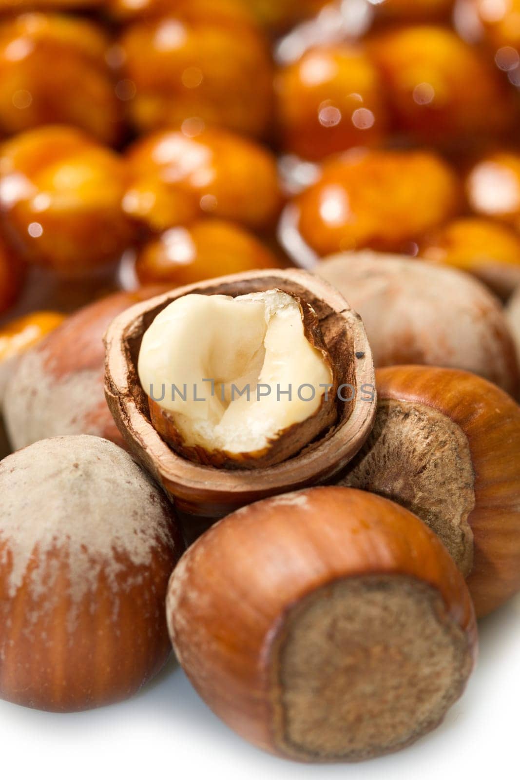 hazelnut brittle on white close up