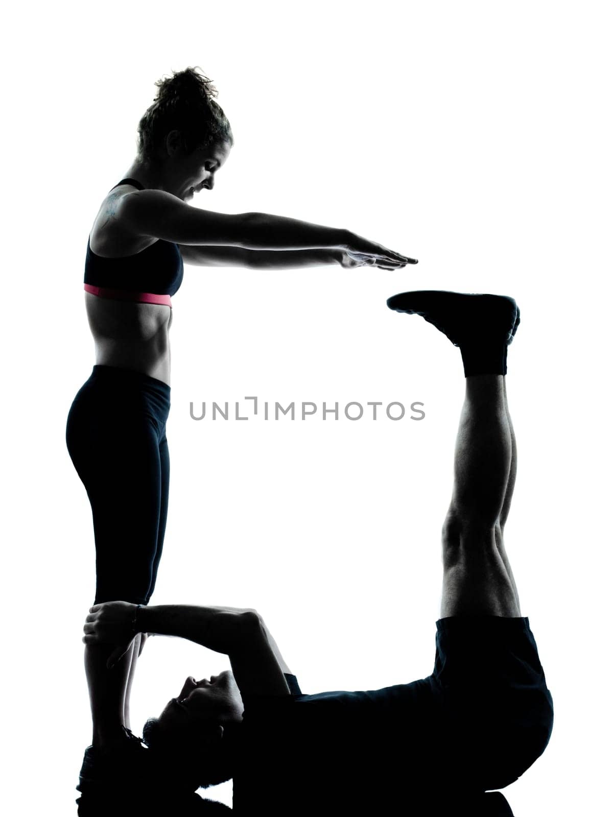 one couple man woman exercising workout aerobic fitness posture full length silouhette on studio isolated on white background