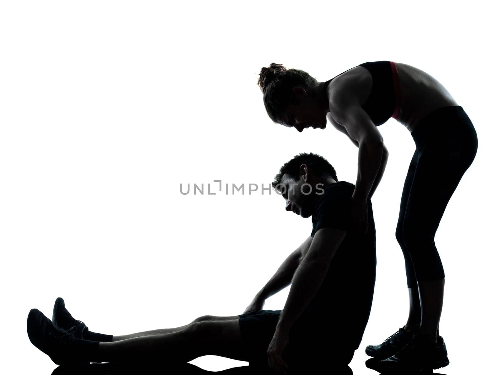 one couple man woman exercising workout aerobic fitness posture full length silouhette on studio isolated on white background