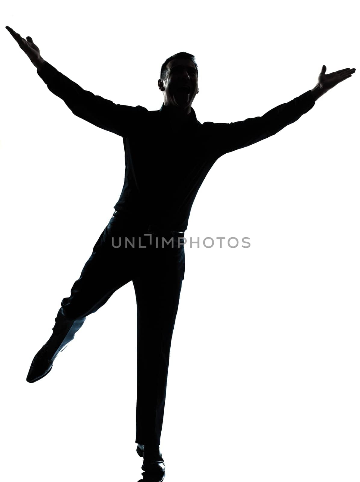 one caucasian business man  happy spreading arms silhouette Full length in studio isolated on white background