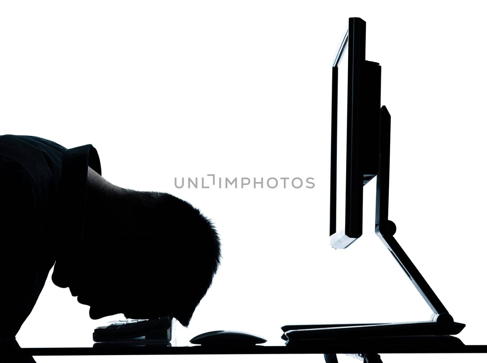 one caucasian business man computer computing sleeping tired portrait silhouette in studio isolated on white background