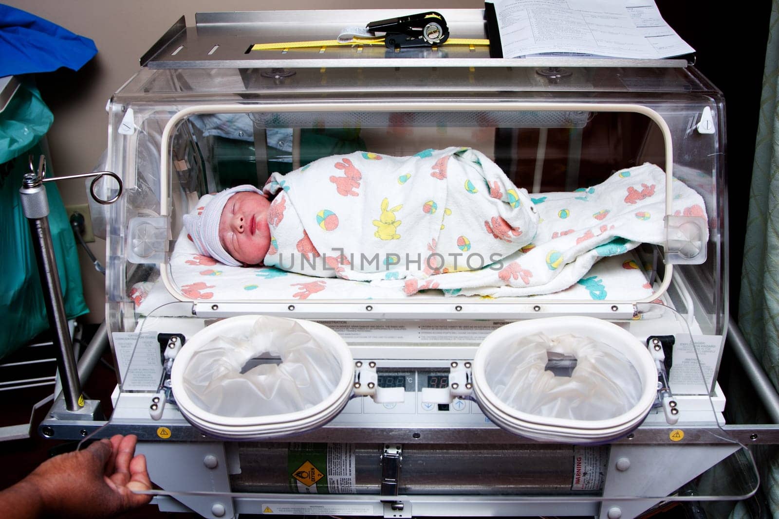 Cute sick newborn premature neonatal baby swaddled in bunny blanket placed in incubator chamber in hospital.