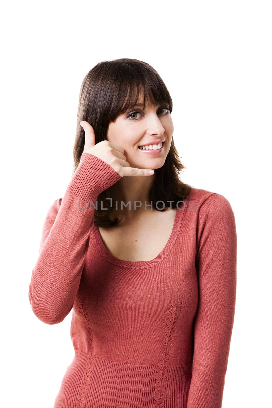 Beautiful woman making a sign for calling. Studio shot with isolated white background.