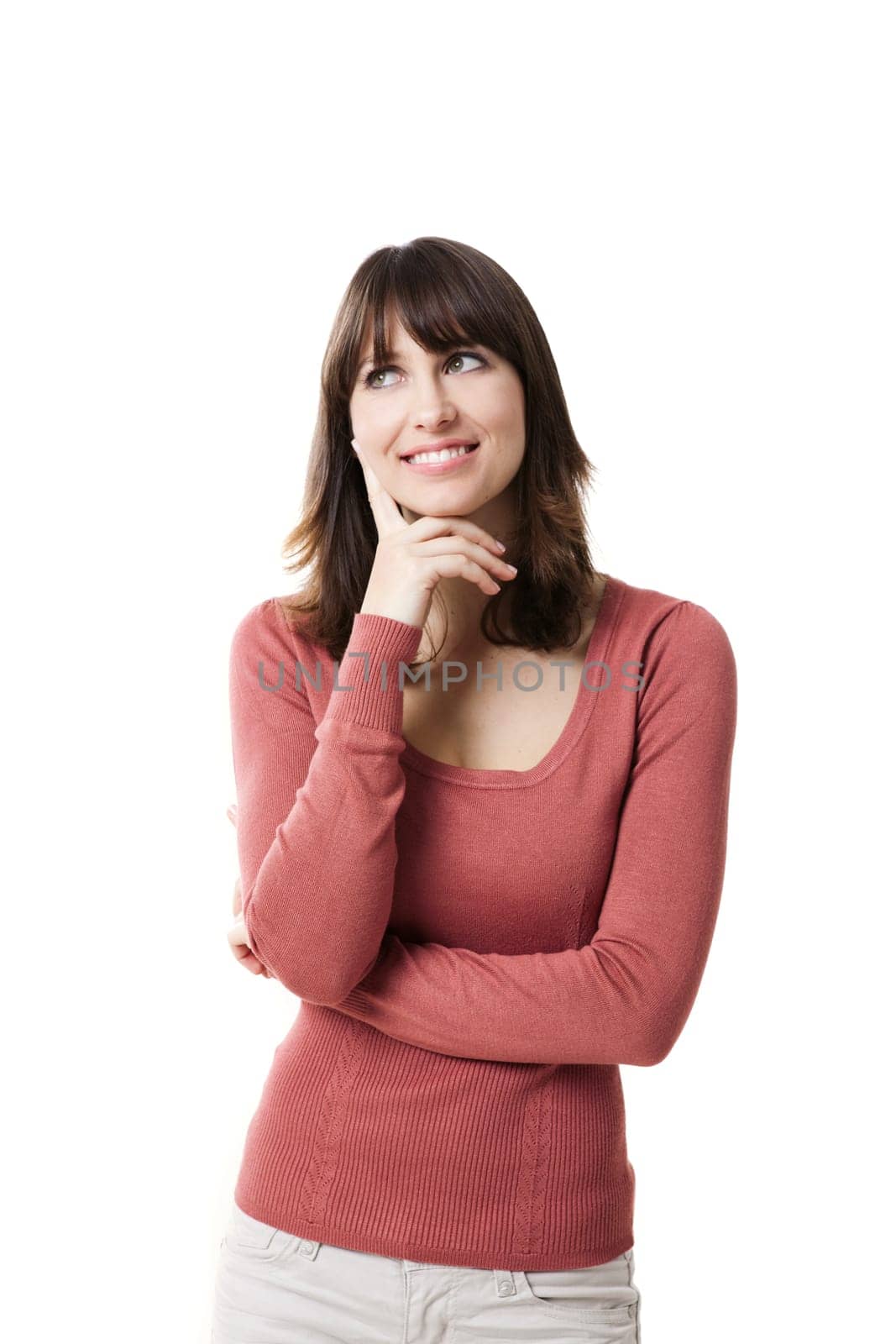 Beautiful woman thinking. Studio shot with isolated white background.