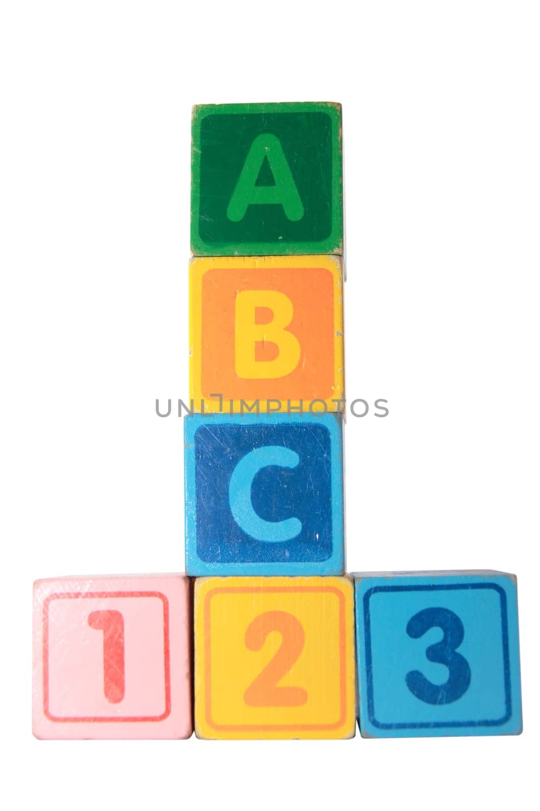 toy letter and number blocks against a white background that spell abc 123 with clipping path