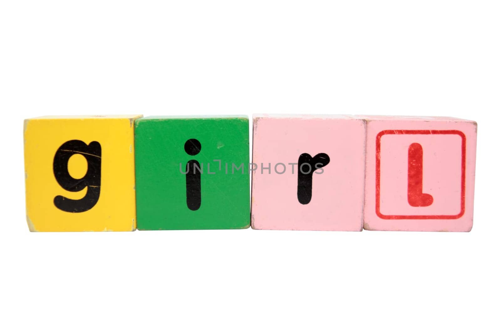 assorted childrens toy letter building blocks against a white background that spell girl with clipping path
