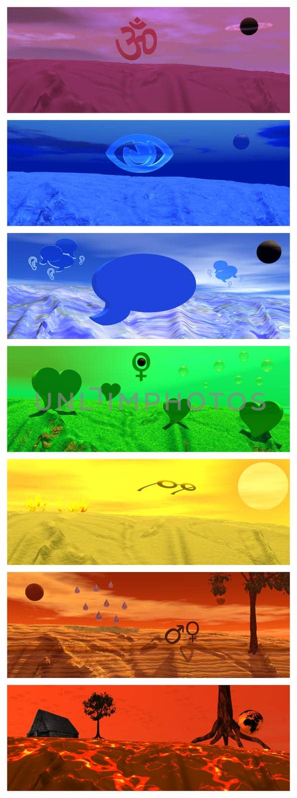 Set of colored landscape representing symbols for each chakras