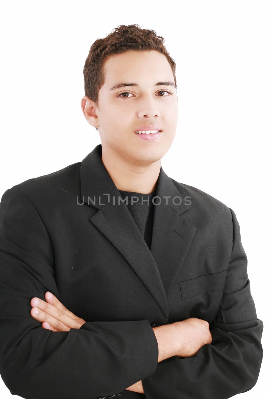 Young smiling latin man looking at camera isolated on white background