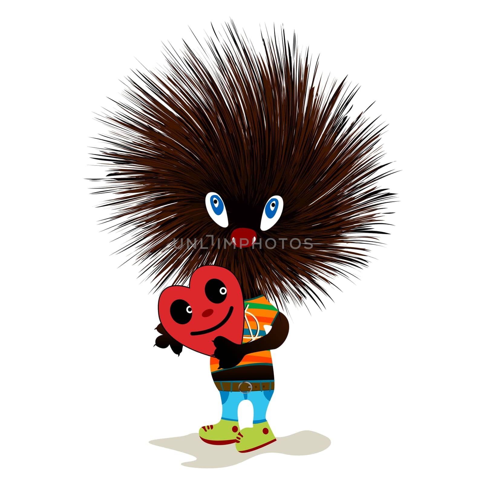 Cute hedgehog mascot standing and holding a heart, isolated objects on white background