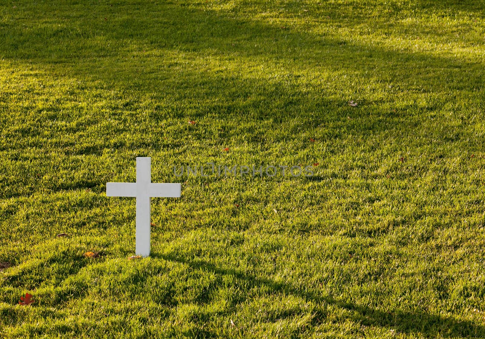 Simple white cross in lawn at Robert Kennedy memorial in Arlington Cemetery