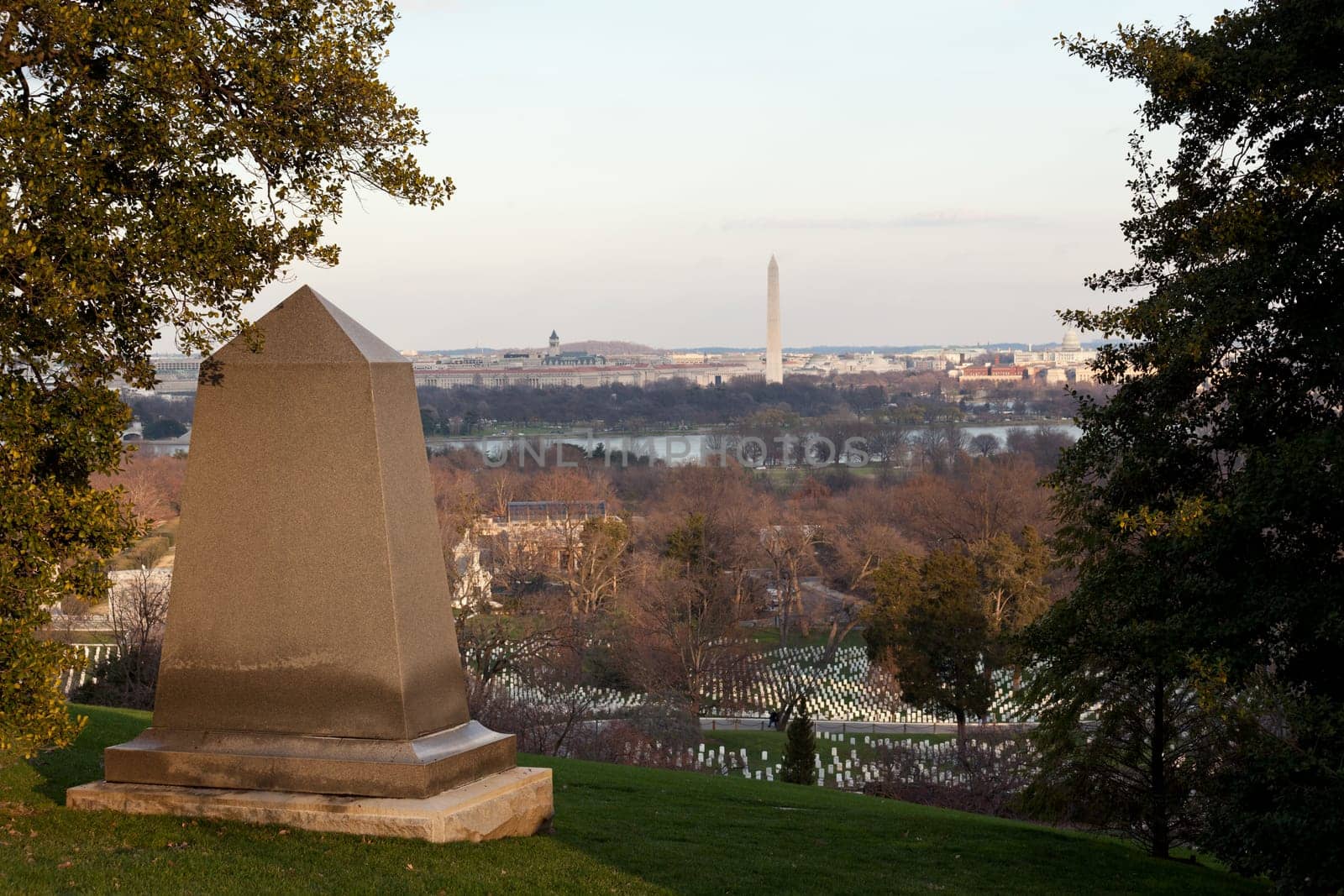 Memorial to Civil war near Arlington House in Cemetery overlooks Washington DC at sunset