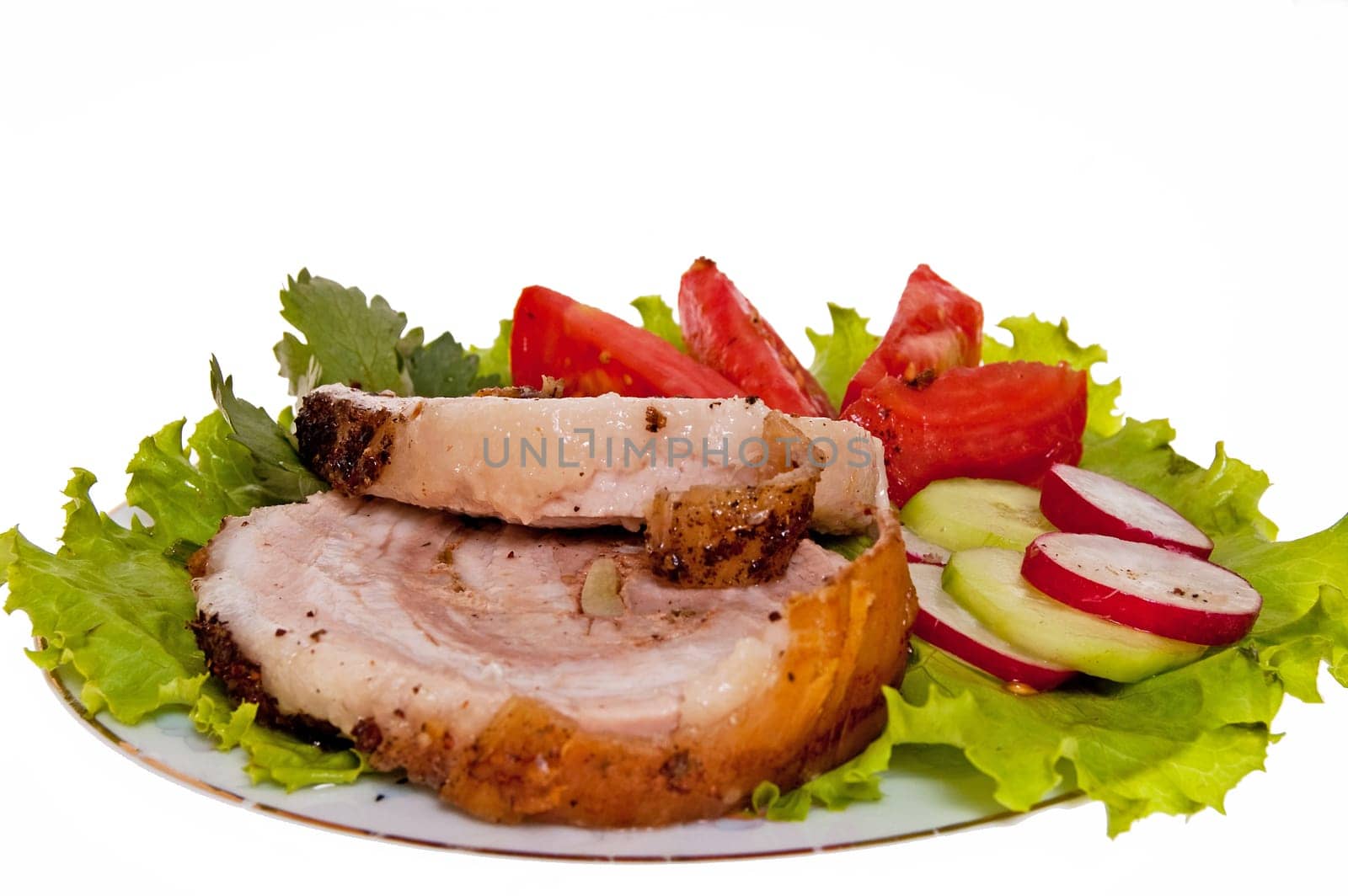 roast pork in tomatoes on the white background