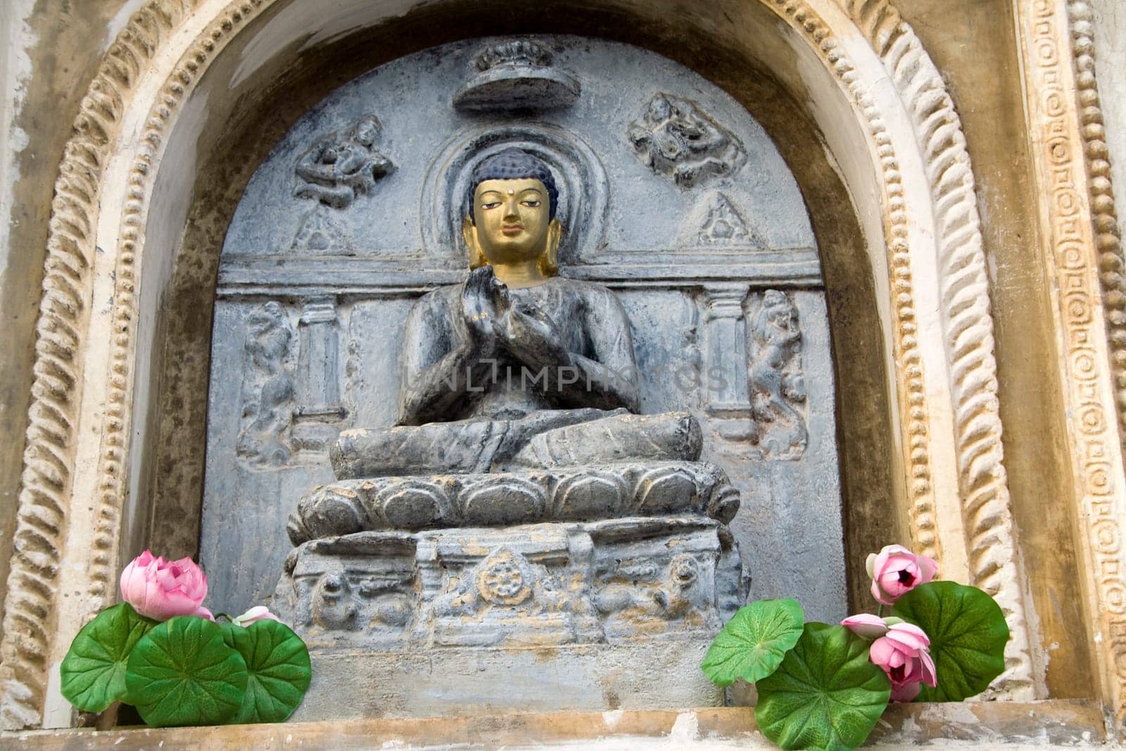 Panel of sermonizing Buddha in Mahabodi Temple, Bodhgaya, Bihar, India, Asia
