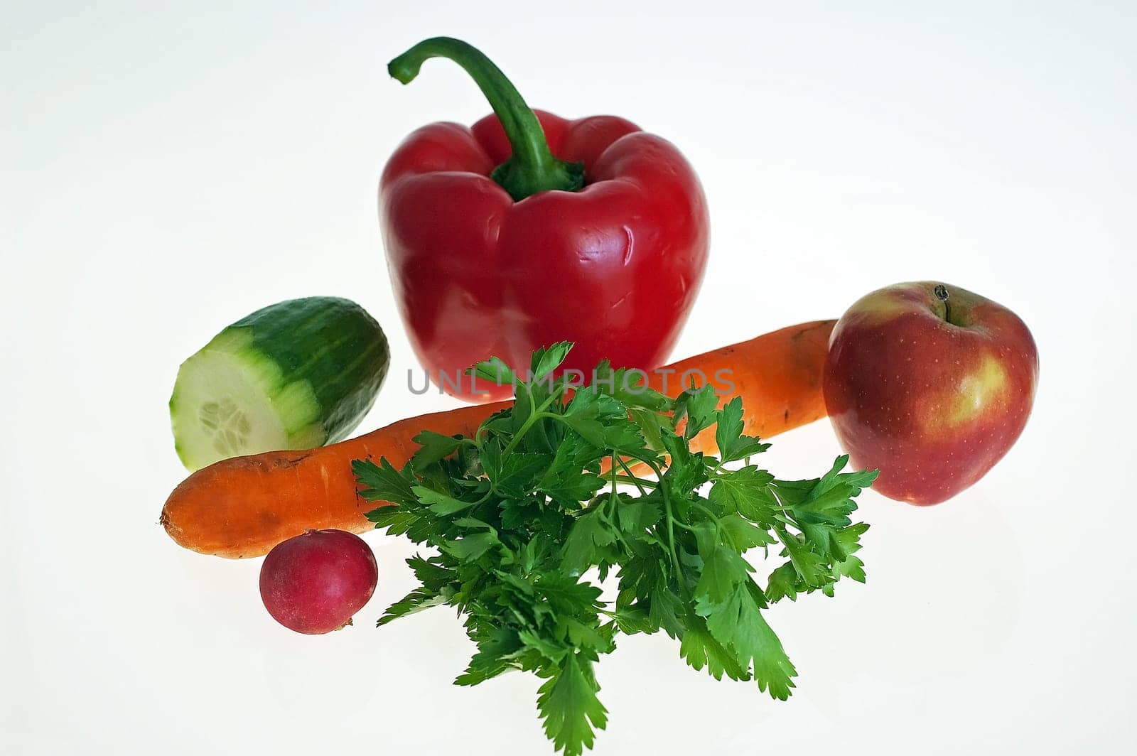 Colorful fresh group of vegetables for a balanced diet on white background