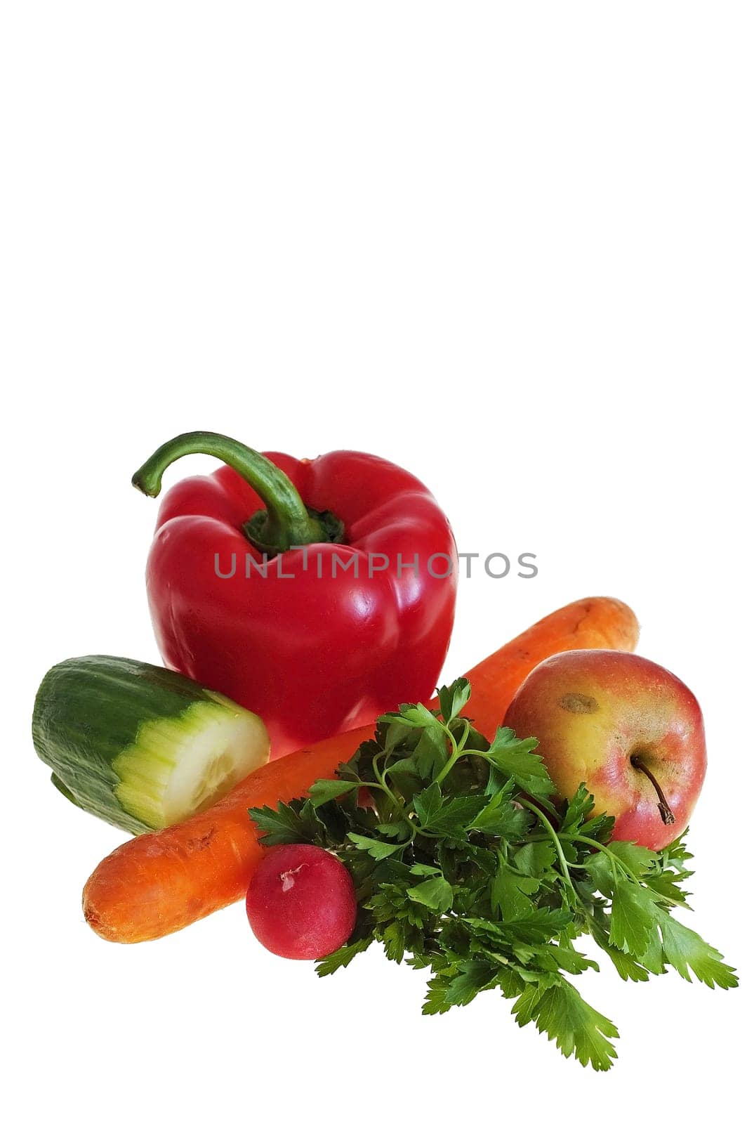 Colorful fresh group of vegetables for a balanced diet on white background
