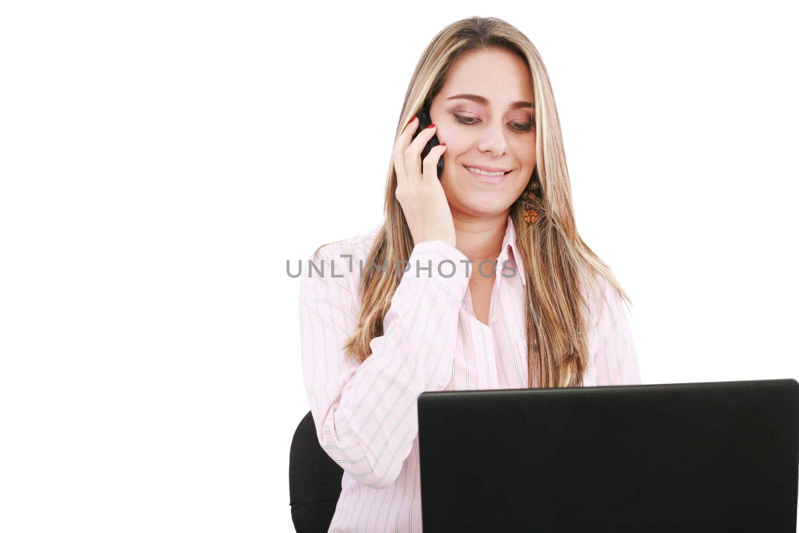 Young smiling business woman with laptop and cellular