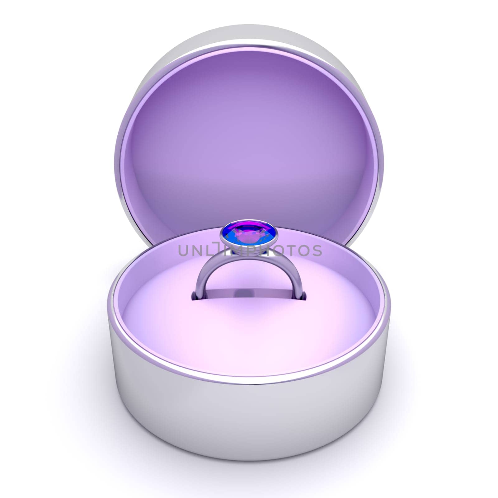Silver ring with purple diamond in metal gift box