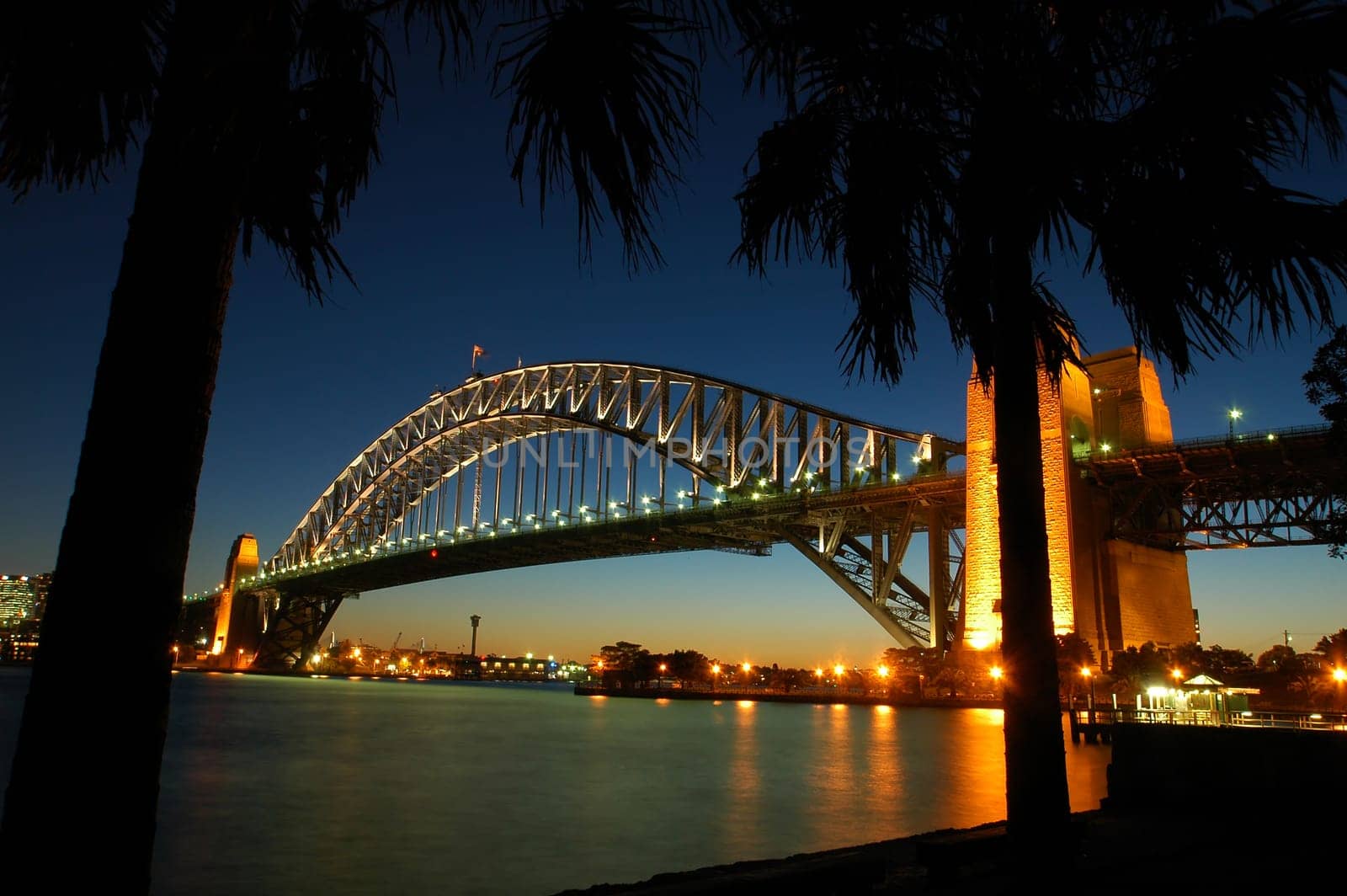 Harbour Bridge in Sydney, sunset, reflection in water, palm silhouette in foreground
