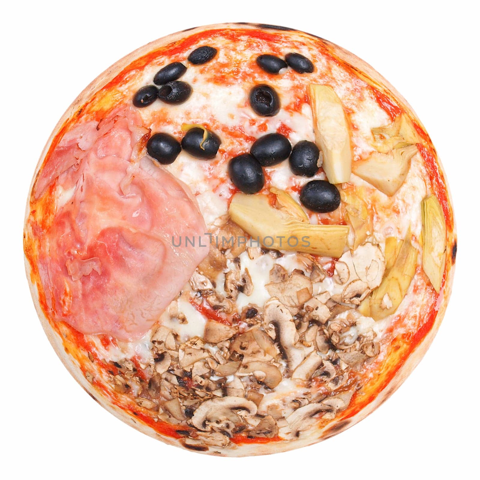 Italian Four Seasons Pizza (Pizza Quattro Stagioni) - isolated over a white background